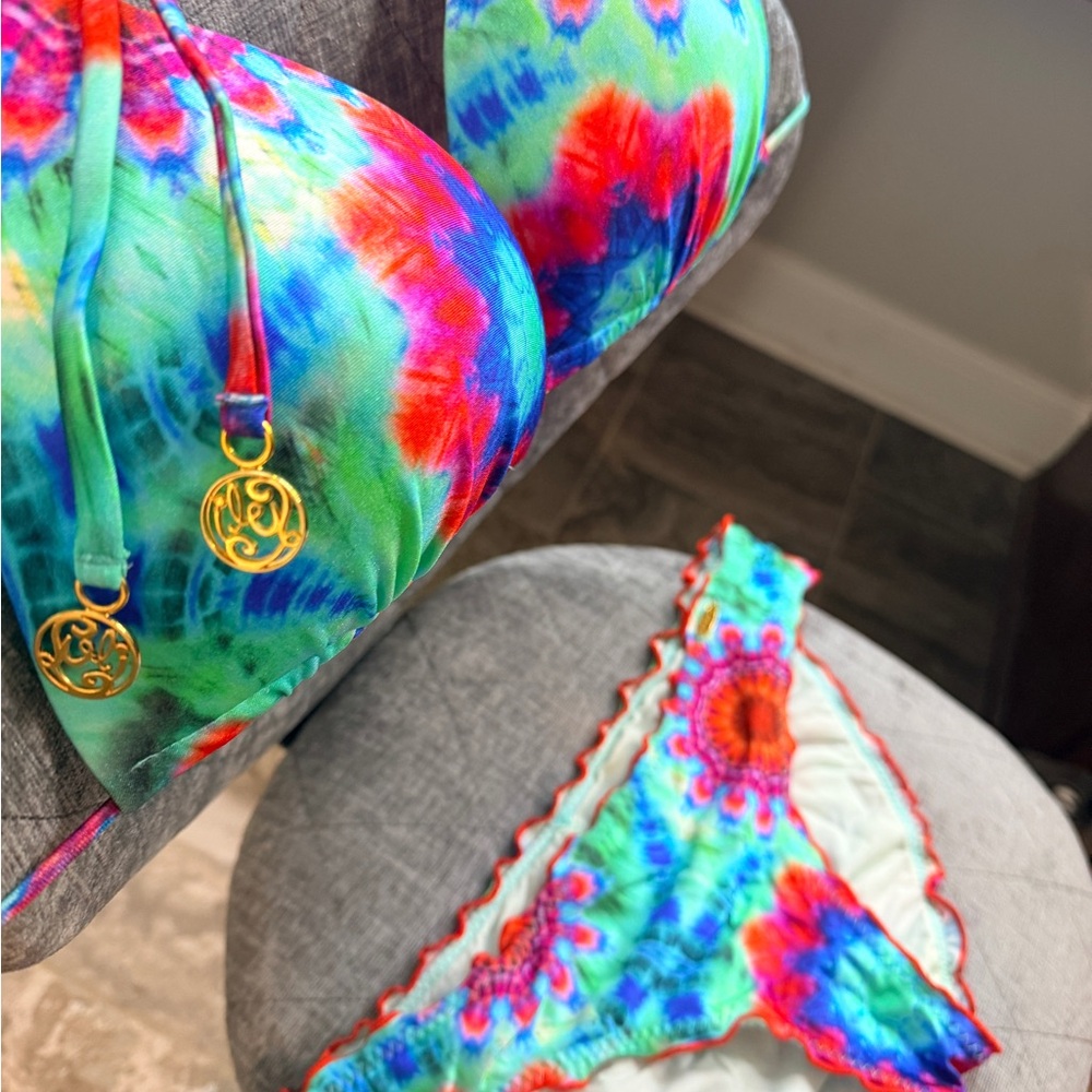 Luli Fama Multicolor Tie-Dye Bikini with Gold Accents